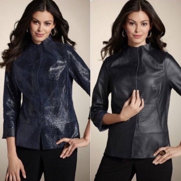 CHICOS KIMBERLY REVERSIBLE STRIKING ANIMAL MIDNIGHT LAVA EMBOSSED LEATHER JACKET - Picture 1 of 16